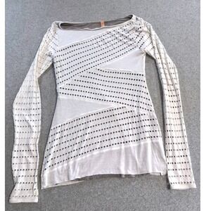 Bailey 44 Top M Gray Asymmetrical Perforated Long Sleeve Stretch Knit Top